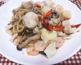 鯛えびホタテペペコンバタ醤油きのこパスタ作り方12写真