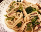 いかのぶつ切りと小松菜の黒胡椒焼うどん作り方3写真