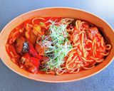 夏野菜とチキンのトマト煮込みパスタ作り方5写真