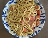 簡単、ウインナーとベーコンの焼きうどん作り方1写真