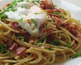 半熟卵を絡めて～ベーコンガーリックパスタ作り方5写真