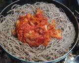 日本蕎麦のベーコンキムチ卵の醤油焼きそば作り方10写真