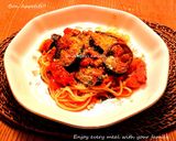 大人味⭐茄子とスパムのトマトソースパスタ作り方3写真