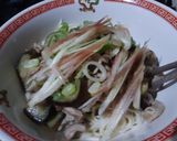 茄子と豚コマの味噌炒め冷麦乗っけ盛作り方3写真