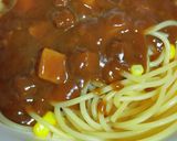 簡単、レトルトカレーパスタ、目玉のせ!作り方5写真