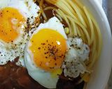 簡単、レトルトカレーパスタ、目玉のせ!作り方6写真