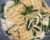 植物性の春菊香る塩麹レモンクリームパスタ作り方3写真