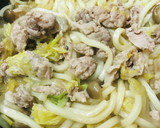 豚肉のスキヤキ風あまから焼きうどん作り方3写真