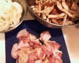 きのこと玉ねぎ鶏モモ肉のカレー味噌炒め作り方1写真