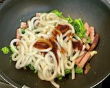 菜の花とランチョンミートの焼きうどん作り方6写真