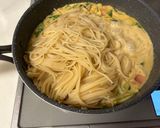 小松菜とベーコンのコーンクリームパスタ作り方4写真
