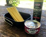 ▲山ごはん▲アヒージョ缶で茹で切りパスタ作り方8写真
