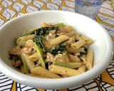 小松菜と鶏ひき肉のクリーム煮込みパスタ作り方5写真