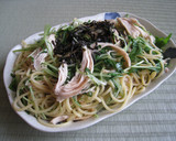 簡単鶏ささみと水菜の和風バター醤油パスタ作り方4写真