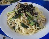 小松菜としめじの豆乳味噌パスタ作り方4写真