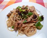 豚肉、ナス、ピーマンの甘辛ソースパスタ作り方6写真