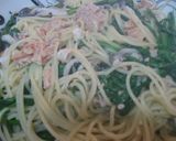春菊きのこ鮭缶鰹節のオリーブオイルパスタ作り方5写真