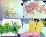 水菜とベーコンの豆乳クリームスパゲティー作り方1写真