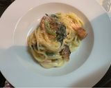 ワンパン鮭とほうれん草の牛乳パスタ🐟作り方3写真