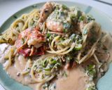 ネギの青い所と赤海老で豆乳トマトクリームパスタ作り方8写真