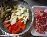 生姜が効いてる！豚肉と根菜の炒め物♪作り方1写真