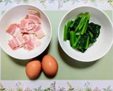 簡単ランチ！小松菜ベーコン卵の和風パスタ作り方1写真
