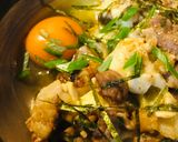 豚こまぎれ肉と長ネギの玉かけスキヤキ炒め作り方3写真