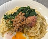 夏に!モロヘイヤ・納豆・温玉👉たらこパスタ作り方5写真