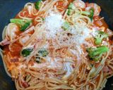 簡単夕飯昼食ワンパンブロッコリー海老トマトパスタ作り方5写真