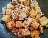 節約簡単夕飯主菜！かぼちゃと厚揚げ挽肉韓国甘辛煮作り方7写真