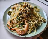 豚ひき肉とニラと卵と海老で！栄養満点中華風パスタ作り方8写真
