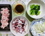 簡単昼食！小松菜蛸豚肉の海の家風焼きそば作り方1写真