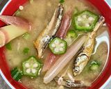 煮干し茎茗荷オクラの味噌汁作り方3写真